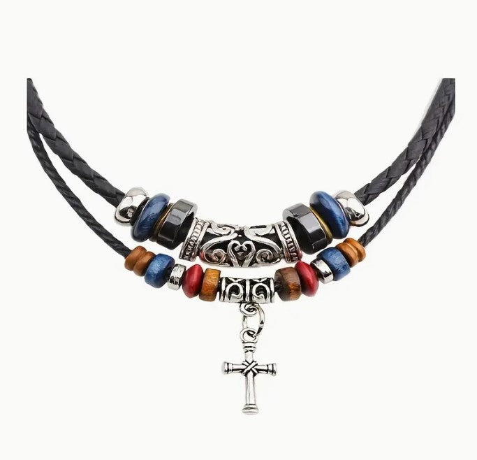 Double Layer Black Necklace Vintage Braided Faux PU Leather Necklace With Pendant Cross Pendant iGlowe Fashion Eye Wear