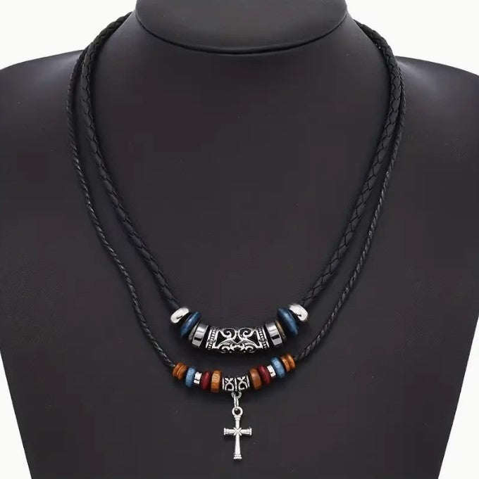 Double Layer Black Necklace Vintage Braided Faux PU Leather Necklace With Pendant Cross Pendant iGlowe Fashion Eye Wear